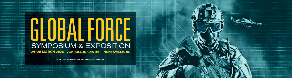 AUSA Global Force Symposium and Exposition 2026 banner featuring a soldier in advanced gear with drone and digital network overlay